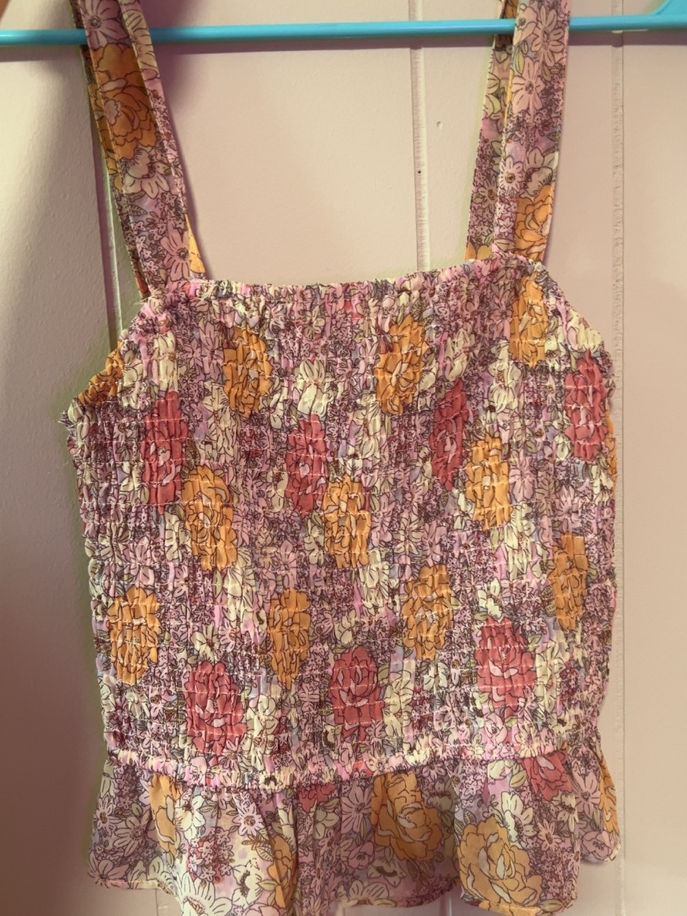 Haute Monde Pink & Yellow Floral Smocked Camisole with Ruffle Hem